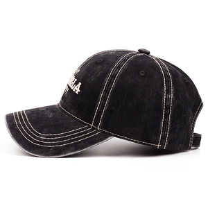 Vintage washed black denim baseball cap with contrast stitching and 3D embroidery