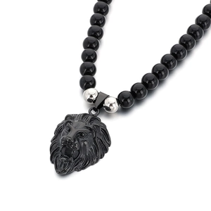 8mm black onyx bead necklace with silver spacers and black lion head metal pendant
