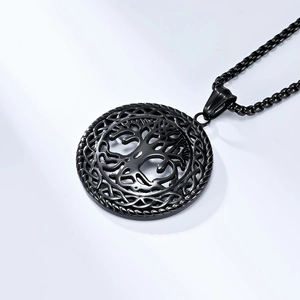 Detailed view of a black hollow tree of life pendant on a high-quality box chain necklace