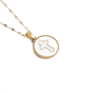 Gold cross pendant necklace with white shell inlay on elegant flat herringbone chain link