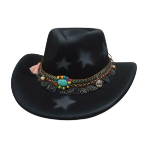 Chapeau de cowboy noir en feutre avec motif d'étoiles et ruban perlé ethnique turquoise