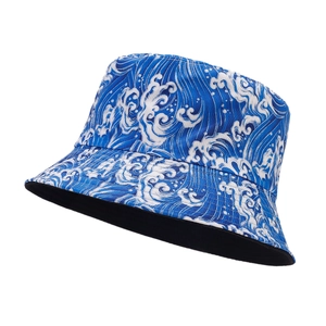 Unisex Japanese wave pattern bucket hat with reversible blue ocean wave print design