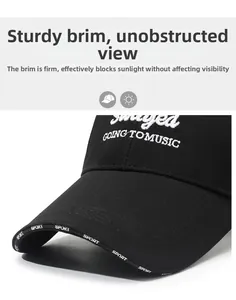 Close-up of black baseball cap featuring GOING TO MUSIC embroidery and SPORT text on brim