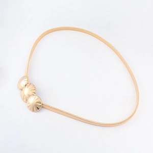 Close-up of golden stretch metal belt featuring decorative shell texture round buckles