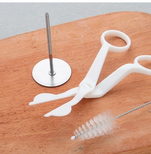Vue à plat de ciseaux à douille, clou à fleurs et brosse de nettoyage sur bois