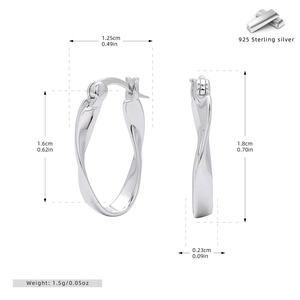 Detailed size chart for 925 sterling silver mobius twist earrings with specific dimensions