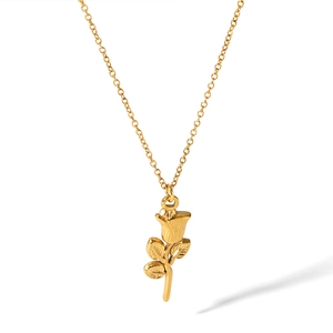 18K gold-plated stainless steel necklace featuring a 3D rose flower pendant with link chain
