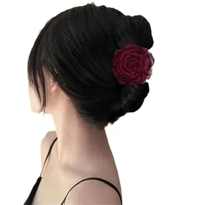 Gothic wine red rose hair tie and lace ribbon choker for vintage floral styling