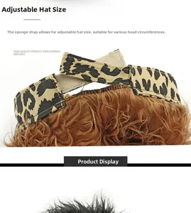 Detailed view of leopard print baseball cap featuring brown wig hair and adjustable strap