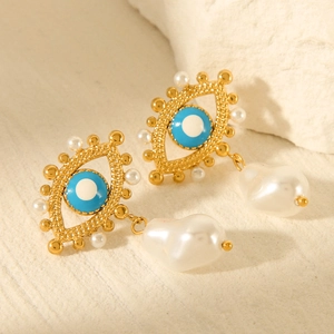 18k gold stainless steel evil eye earrings with white baroque pearls and enamel detailing