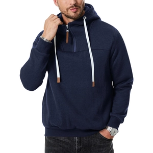 Detail view of navy blue men hoodie with white drawstrings and half-zip collar design