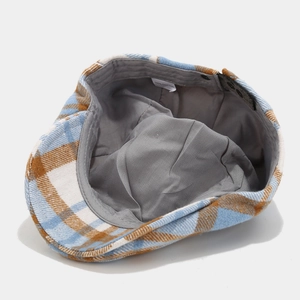 Béret classique à carreaux bleu et marron en 100% coton avec détails de la doublure
