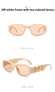 Detail view of cream sunglasses with tea lenses and vintage gold temple decoration