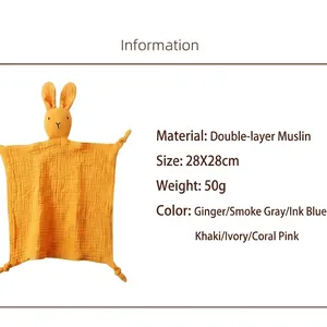 Ginger cotton gauze baby comforter with bunny ears and knotted corners, 28x28cm