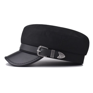 Black fabric cadet cap with leather brim and vintage engraved silver buckles