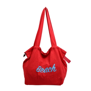 Large red canvas tote bag with blue Beach embroidery, minimalist casual shoulder handbag