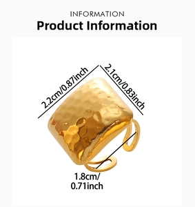 Detailed size specifications for the gold-toned square hammered texture open ring