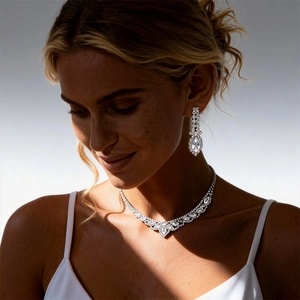 Elegant two-piece jewelry set with silver teardrop necklace and earrings on a model