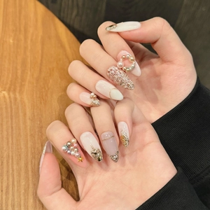 3D Christmas handmade press-on nails with pearls, stars and gold foil glitter accents