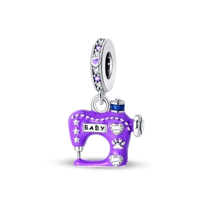 Detailed purple enamel sewing machine charm with Baby engraving and inlaid crystals