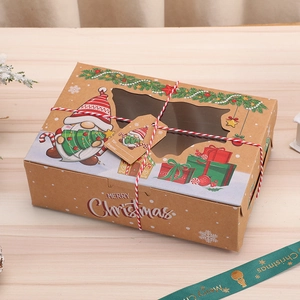 Brown kraft Christmas gift box with Santa illustrations and clear window for cookies