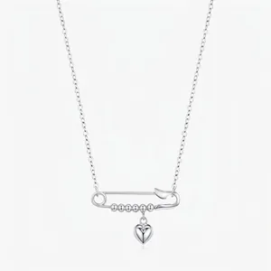 925 Sterling Silver Heart Pendant Necklace Minimalist Safety Pin Design With Metal Beads Individual Style For Women