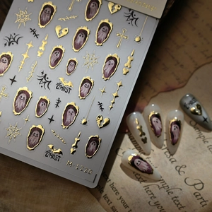 Baroque style Halloween nail stickers with gold ghost and bat motifs on retro paper