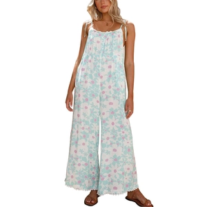 Women summer white floral romper with lace hem and adjustable thin straps for vacation