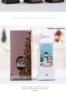 Close-up of white Christmas lantern with snowman motifs and festive retail packaging