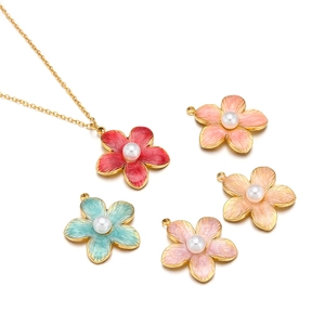 Gold stainless steel pearl flower pendant necklace set with colorful enamel charms