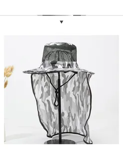 Detail of grey camo sun hat featuring breathable mesh vents and protective long neck flap
