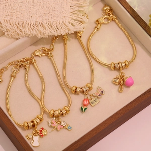 Charm Bracelet Copper 18K Gold Plated Enamel Tulip Butterfly Cat Pendants Adjustable Snake Chain Mother Jewelry Gift Women