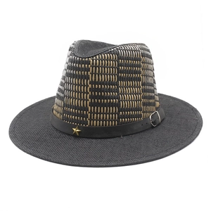 Straw fedora hat with plaid weaving pattern and black leather band with star rivet