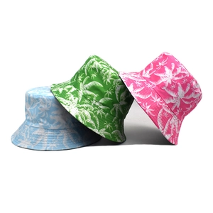 Tropical Palm Tree Print Bucket Hat Reversible Cotton Polyester Summer Sun Protection Beach Fisherman Hat Casual