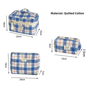 Three-piece quilted cotton cosmetic bag set with red and blue plaid check pattern
