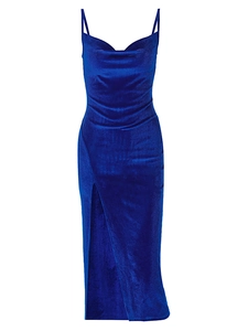 Detailed close-up of blue velvet dress featuring elegant cowl neck and side slit design