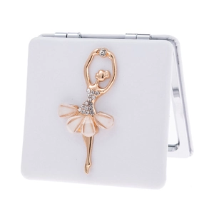 Portable white PU leather makeup mirror with elegant gold ballerina and crystal inlay
