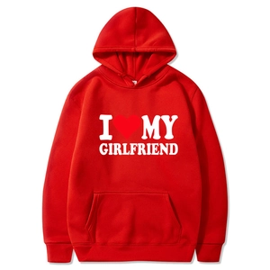 Red hoodie sweatshirt with I Love My Girlfriend print and white drawstring hood