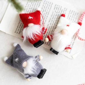 Set of three wool felt Christmas gnomes ornaments in red white and grey for tree decor