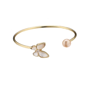 Gold butterfly and pearl open cuff bracelet with zircon and shell inlay for women