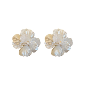 Elegant white acrylic flower stud earrings with a pearl luster finish for women
