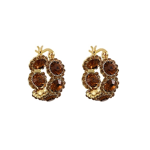 Vintage 18k gold plated hoop earrings with brown diamond inlay on white background