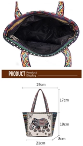 Ethnic canvas tote bag size chart with dimensions and interior zipper pocket view