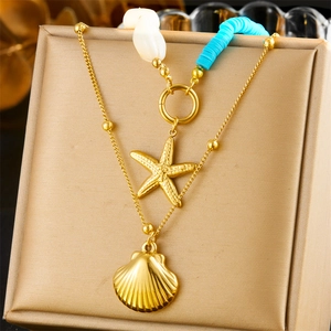 Stainless Steel Layered Necklace Gold Shell Heishi Beads Starfish Scallop Pendant Ocean Beach Boho Jewelry For Women