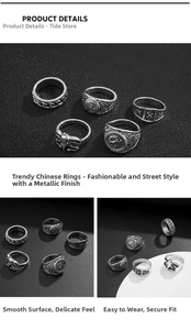 Detail view of retro silver men's rings featuring gothic skull and cross engravings
