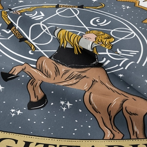 Close-up of Sagittarius zodiac tapestry showing detailed woven texture and centaur design