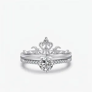 Crown Jewelry 925 Sterling Silver Sparkling Cubic Zirconia Adjustable Stackable Rings For Women Luxury Style