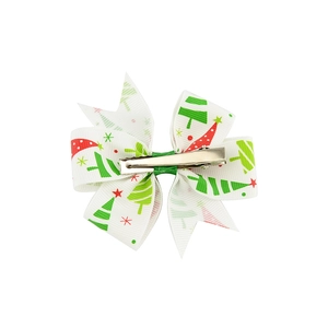 Christmas hair bow for girls featuring snowman and tree prints on white ribbon with metal clip