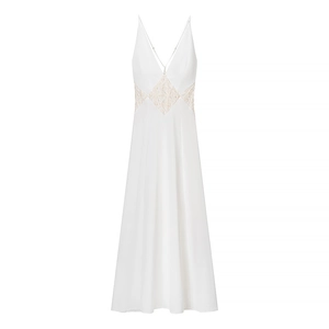 Elegant white satin maxi dress with deep V-neck, lace hollow stitching, and thin straps