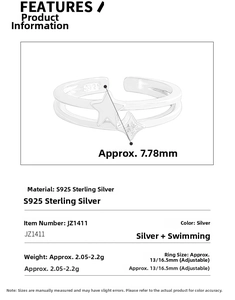 Detail view of double-layer S925 sterling silver star ring with size and weight specs
